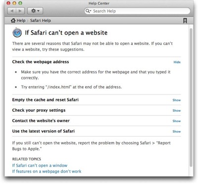 A page in OS X's Help Center lists possible causes for Safari to be unable to open a web page and suggests fixes