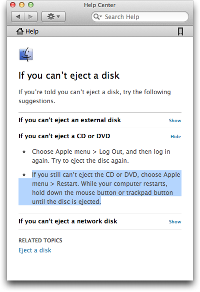 OS X Help page, explaining how to eject disks that refuse to be ejected via the regular command