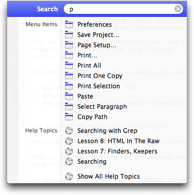 OS X's Help menu displaying its search text field, as well as menu items and relevant help file chapters for the current application based on the entered search term