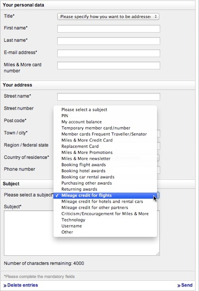 The contact form on the Miles & More website requires entry of personal details like name and address, and a subject must be picked from a popup menu that has twenty items. These menu items include 'PIN', 'Booking flight awards', or 'Technology'.