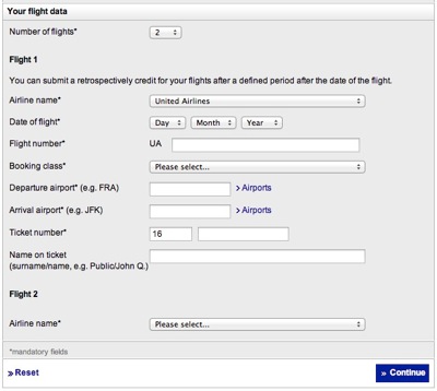 The form on the Lufthansa website contains eight data items, namely airline name, date of flight, flight number, booking class, departure airport, arrival airport, ticket number, and name on ticket. Of these, only the latter field is optional. All seven others are required.