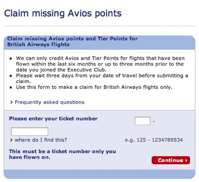 The British Airways form for claiming missing reward miles requires you to enter just the ticket number. Oddly though, this needs to be slit into two fields, one of which holds the first three digits, and the other holds the remaining ones.