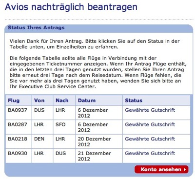 After you enter the ticket number, and click Continue, the BA website will look up the flights that are linked to the number, and display them in a table.