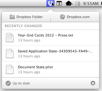 The new Dropbox menu item shows the items for opening the local Dropbox folder or the Dropbox website, the three most recently changed files, a status message, and a cog icon for another menu. Although it has fewer items, it takes up more room to a more generous, more spacious layout.