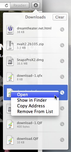 A secondary click on the Downloads menu brings up a context menu for opening a downloaded file, revealing it in the Finder, copying its address (i.e., its URL), and removing it from the list.