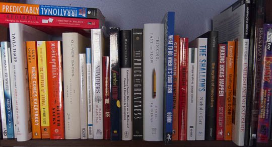 Some of the books on my shelves, showing titles related to cognitive psychology and creativity