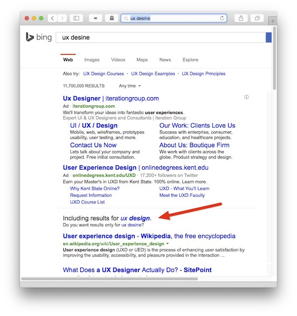 Browser window with Bing results page, displaying the notice 'Including results for ux design. Do you want results only for ux desine?' towards the bottom of the page. Both search terms are clickable.