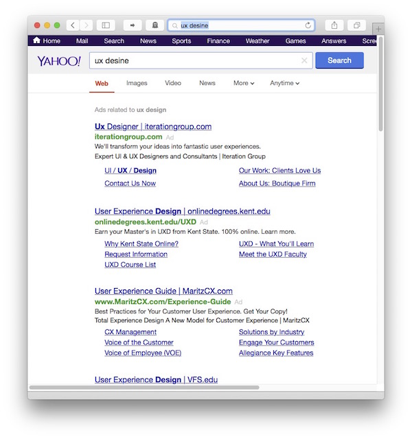 Browser window with Yahoo results page, showing only ads, but no auto-correct notice at all.