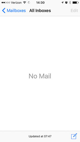 According to the iOS status bar, the time in this screenshot is 2:30pm. Although I had just tried to get new email, the status bar has reverted to saying, 