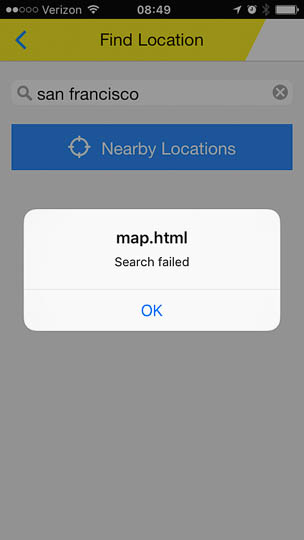 The dialog box in front of the location search form curtly states, 