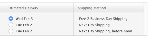 Apple lists three shipping options, free 2-business day, next day, and next day before noon. They do not identify the carrier, though.