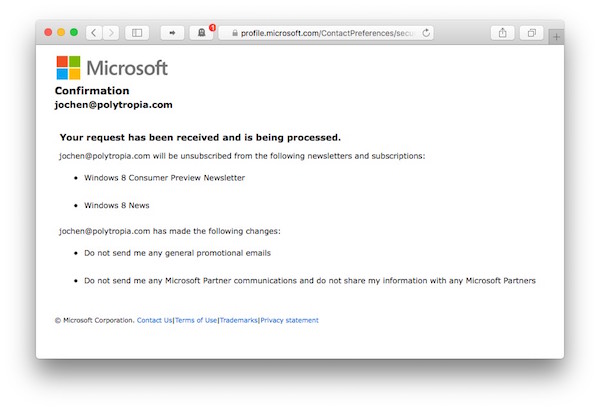 The confirmation contains four bullet points, listing which changes have been made to the subscription settings. Interestingly, this page uses the same inverted-logic as the configuration page: E.g., one bullet item says, 