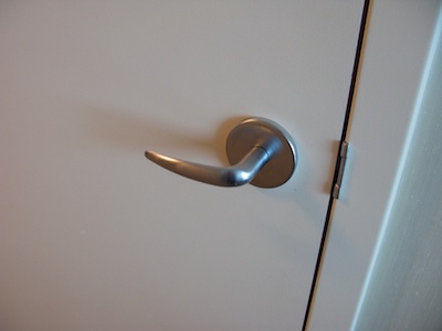 Metal door handle on closed closet door
