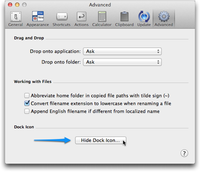 LaunchBar's Advanced preferences panel featuring a button to 'Hide Dock Icon…'