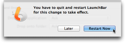 LaunchBar's dialog sheet to inform the user that a restart of the application is required