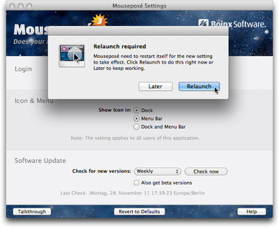 Dialog box displayed in front of Mouseposé's preferences window, and stating that a restart is required for a settings change to take effect