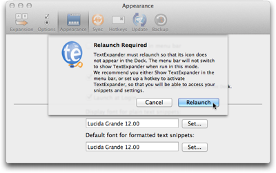Dialog sheet explaining that TextExpander needs to be restarted for a settings change to take effect