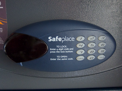 Close up of the hotel safe's keypad and display
