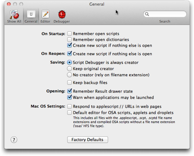 A preferences panel from Late Night Software's Script Debugger, showing checkboxes and radio buttons to select options