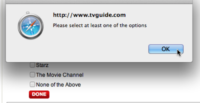 Error dialog box stating to select at least one option from the premium TV channels checkbox list.