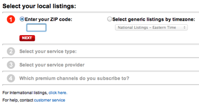 Form from the TV Guide website for selecting your location and TV provider in four steps 