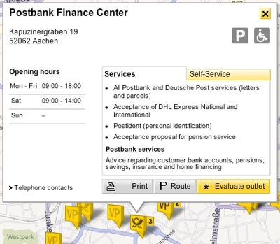 Map view of Post's online branch finder, displaying a branch's details like opening times, etc., 
