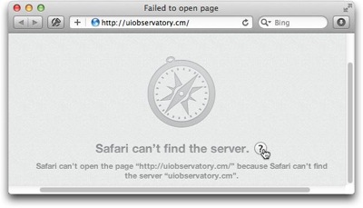 Safari displaying an error message that it cannot open a web page because it cannot find the corresponding web server