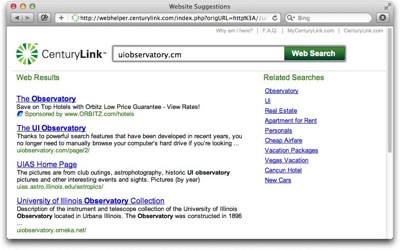 CenturyLink's could-not-find-web-server window offers a prominent search field and a list of search-based suggestions, but lacks an explicit error message