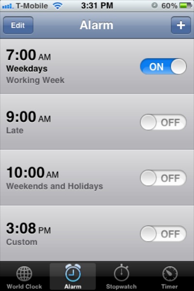 List of alarms in the Clock app on an iPhone