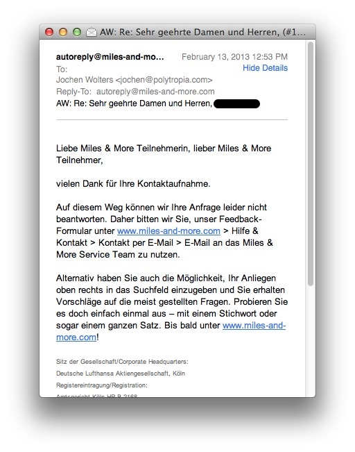 A Mail.app window with Lufthansa's response to my email inquiry.