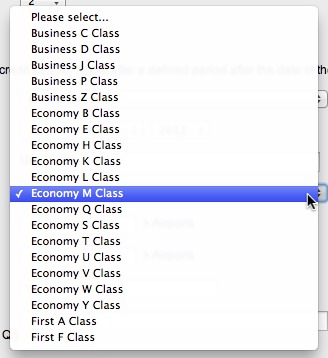 The booking class menu contains five items for business class, thirteen for economy, and two for first, but none of these are of type G.