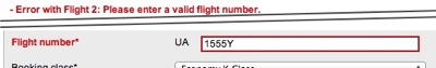 The error message reads, 'Error with flight 2: Please enter a valid flight number'. The flight number field with the offending Y character is highlighted.
