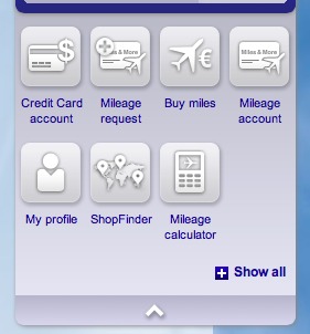 The Lufthansa Miles and More website displays a main navigation menu that consists of a number of icons with labels, one of which shows a loyalty card with a plane symbol and a plus sign, and labeled 'mileage request'.