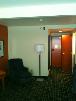 A tall floor lamp's screen at the other end of the room blocks the view of the thermostat mounted to the wall.