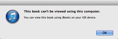 The warning dialog box states that 'This book can't be viewed using this computer. You can view this book using iBooks on your iOS device.'