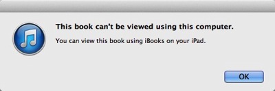 At first sight, this dialog box looks identical to the previous one. Its second sentence, however, ends in 'using iBooks _on your iPad_.'