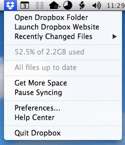 The original Dropbox menu item looks and feels exactly like a regular OS X menu. It offers commands like opening the Dropbox folder or launching the Dropbox website, but also contains staple items like Preferences or Quit, since this actually is Dropbox's only application menu.