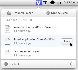 A handy Share button appears next to any of the three recently changed folders, but only when you hover the mouse pointer over that item.