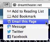 The Share menu lets you add a URL to the Reading List, bookmark it, email it, send it as an iMessage, tweet it, or share it via Facebook. And it is the one of the four Safari menus that behaves exactly like a regular OS X menu.