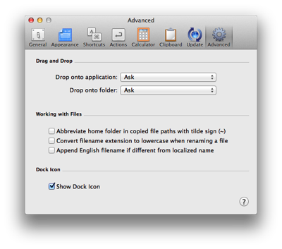 LaunchBar's Advanced preferences panel with Show Dock Icon checkbox.