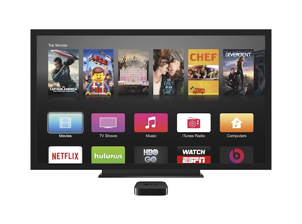 This press image from Apple shows the Apple TV user interface. Some channels like Netflix, hulu, and HBO appear on the screen.