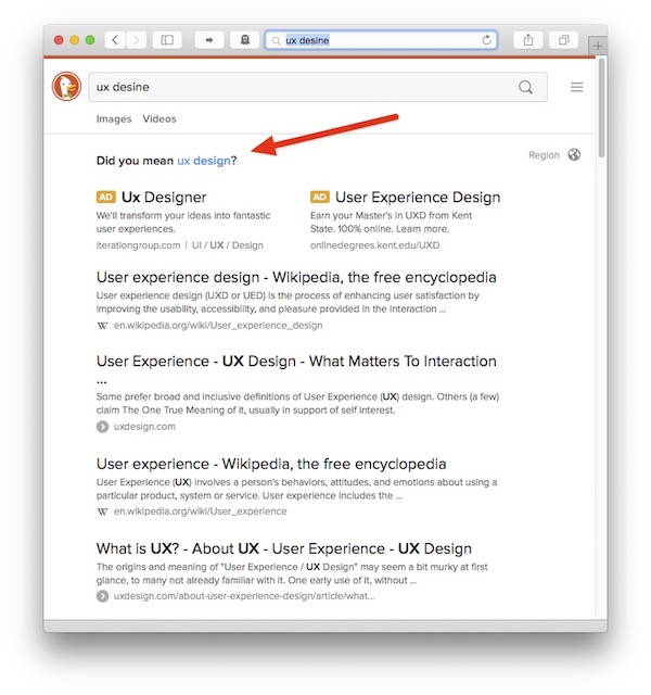 Browser window with DuckDuckGo results page, displaying the notice 'Did you mean ux design?' at the top of the page. The search term is clickable.