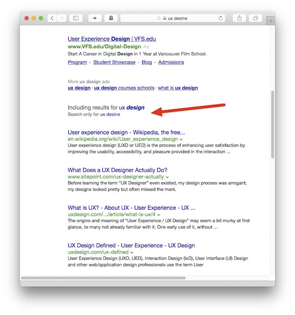 Browser window with Yahoo results page, scrolled down a little bit. Now, the notice 'Including results for ux design. Search only for ux desine' is visible.  Both search terms are clickable.