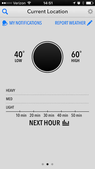 The app's circle that usually displays the current temperature for the selected location is empty, i.e., just a simple black disk. To its left, the 