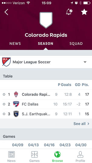 The _Season_ page for the Colorado Rapids shows an overview table with three items, to top one of which are the Rapids. A button to _See all_ below the table is actually functional despite the lack of connectivity, so you can at least check the standing as they were before going offline.
