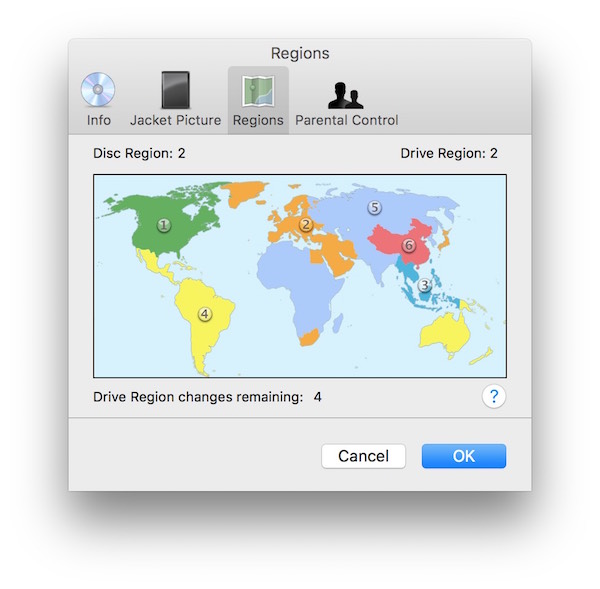 A map view in DVD Player's preferences panel shows the six geographic regions and their codes. It also displays the region code of the DVD that is currently in the drive, and the drive's own code.