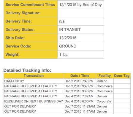 This tracking page is similar to the previous one, but it is for a different order. In this case, the shipment was due on December 4th, 2015, also 