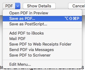 An excerpt from a print dialog shows the menu attached to the popup menu control labeled PDF. The menu's top aligns exactly with the controls bottom. More importantly, a down-ward arrow in the menu control makes it very clear that this is, in fact, a popup menu, and not a simple button.