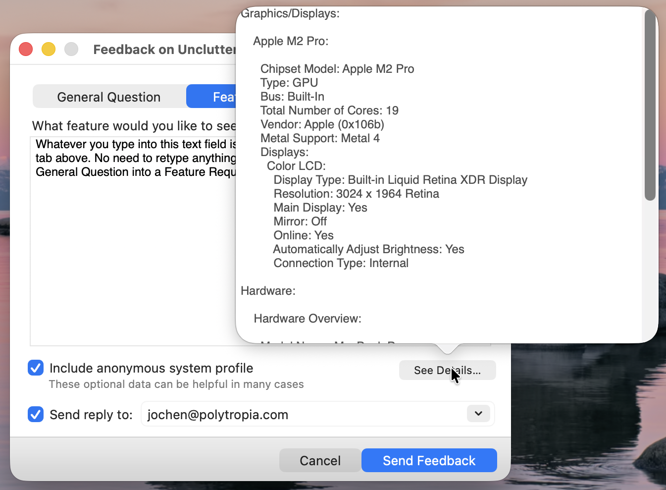 The system profile information is shown in a pop-over panel that is attached to the See Details button. It displays data such as the computer model, the chipset, display type, etc.